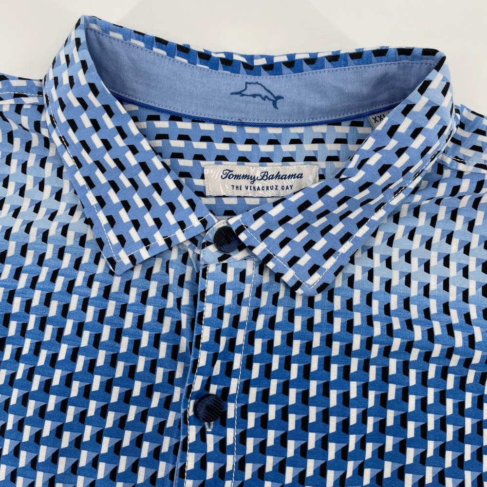 Tommy Bahama The Veracruz Cay Blue Geometric Print Viscose Shirt XXL Men's